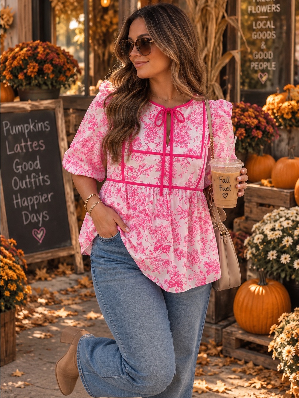 Boutique Pick! 🎀✨ Pink Floral Tie-Neck Peasant Blouse